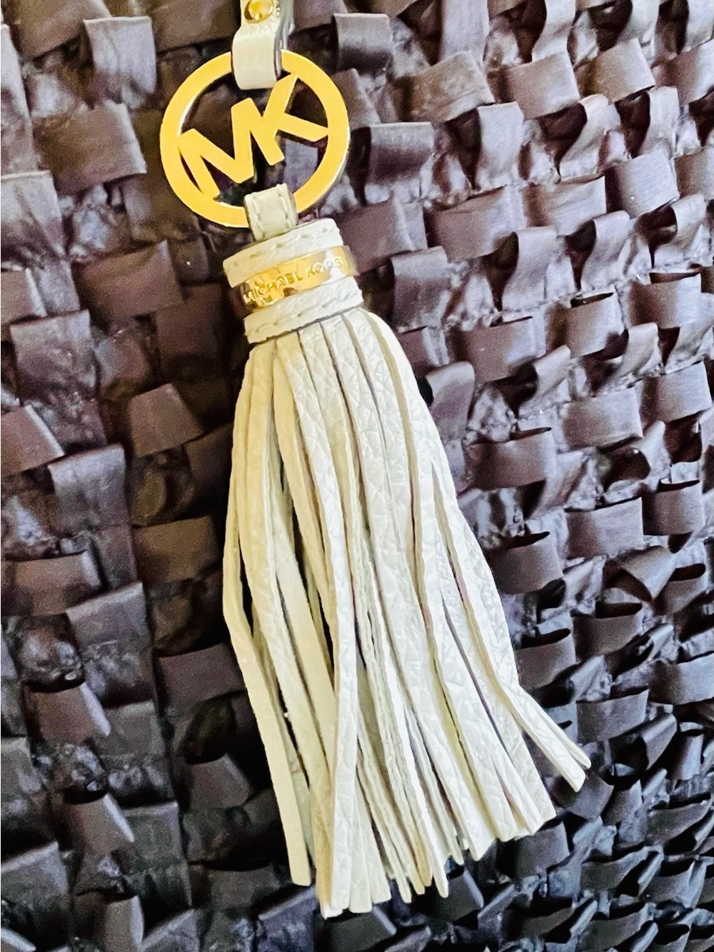 MICHAEL KORS Vanilla Leather TASSEL Brass Fob Bag Charm Keychain Hang Tag